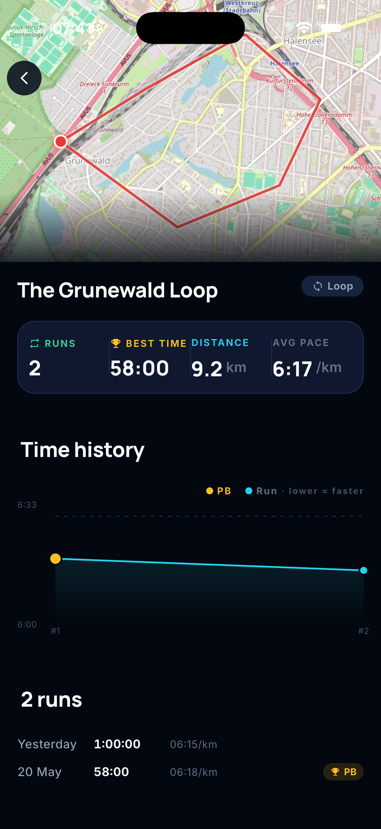 Route detail example with benchmark metrics
