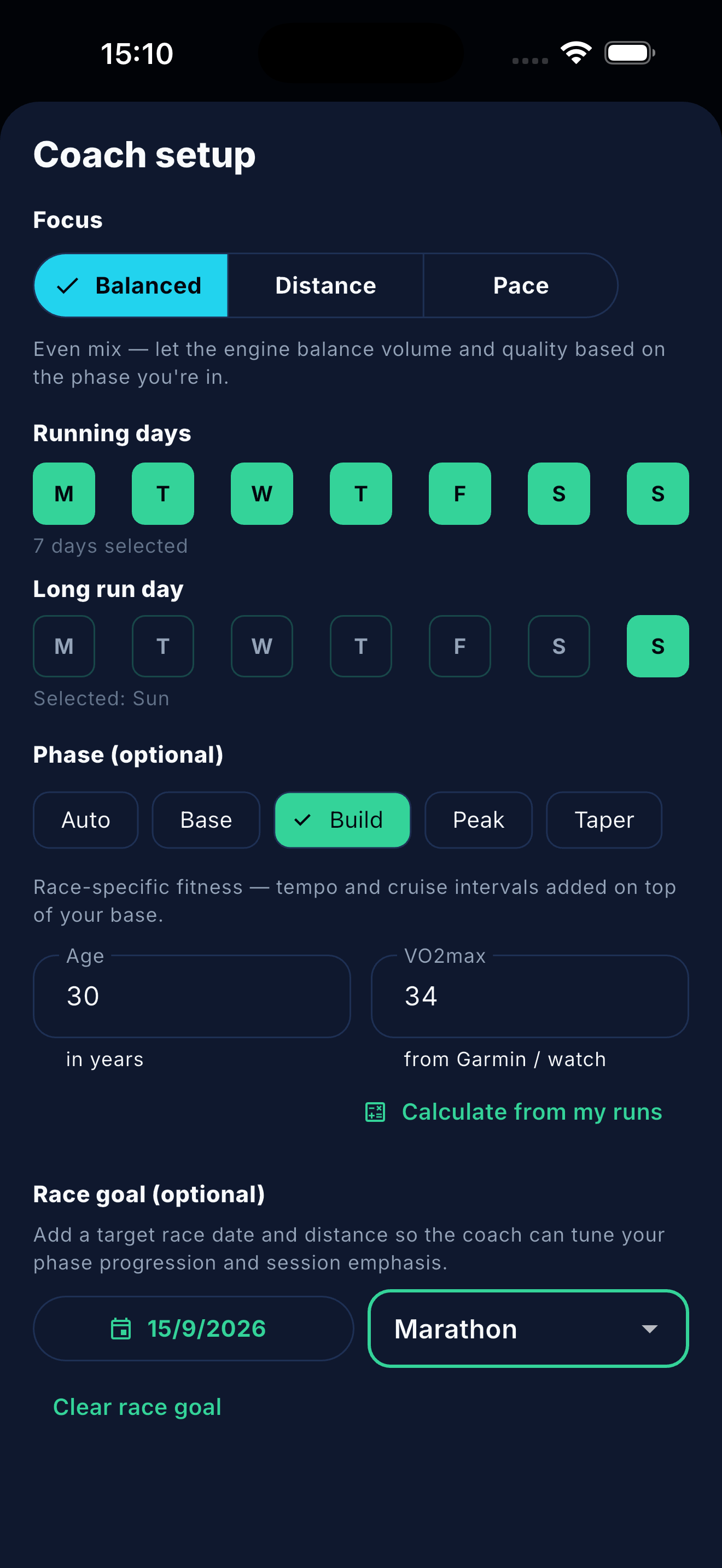 Adaptive coach setup screen in ShoosOn