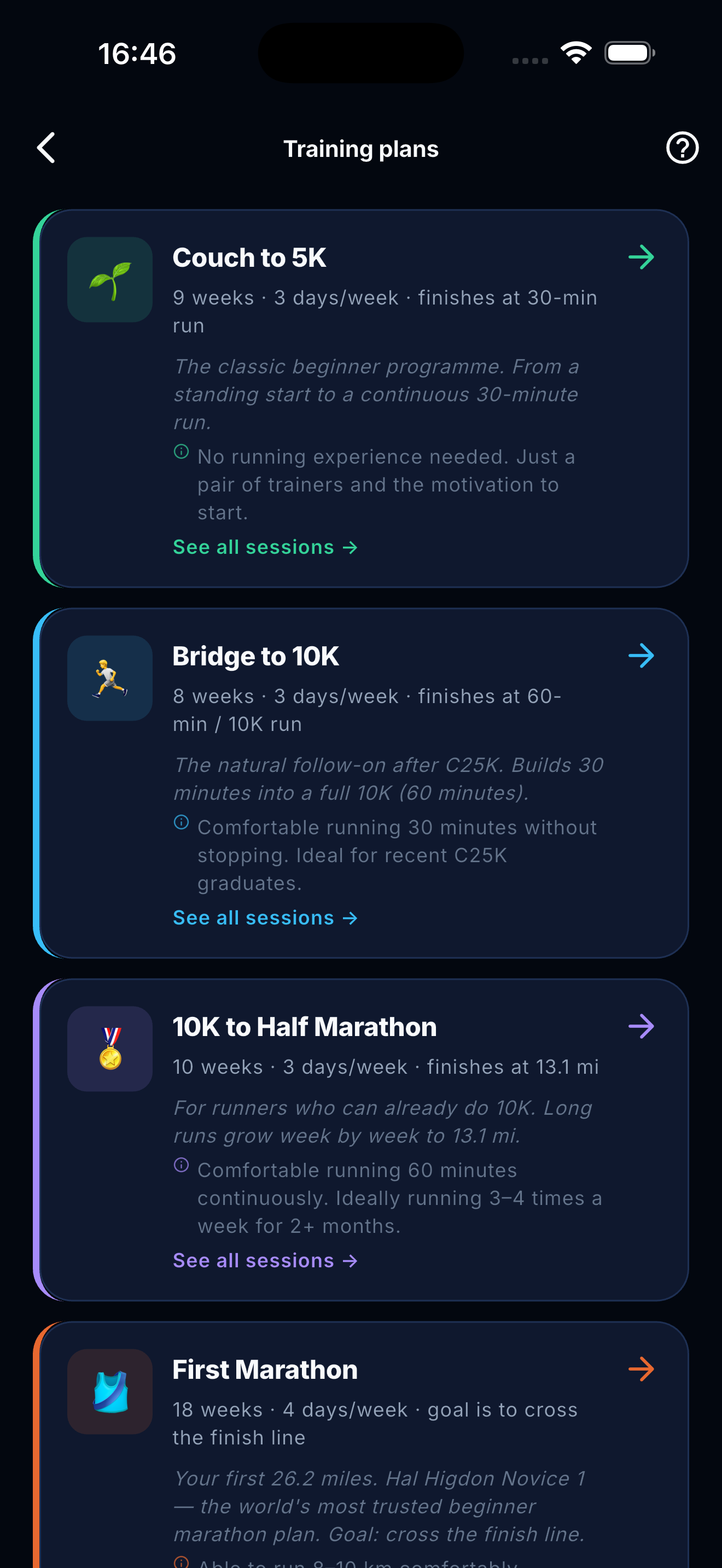 ShoosOn training plan choices from Couch to 5K through marathon and ultra
