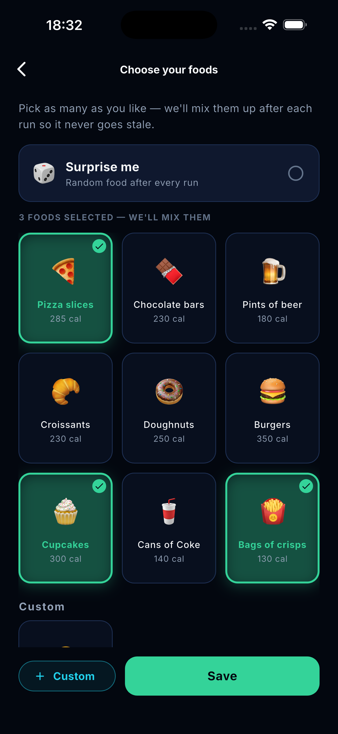 Food selection screen showing multiple food choices