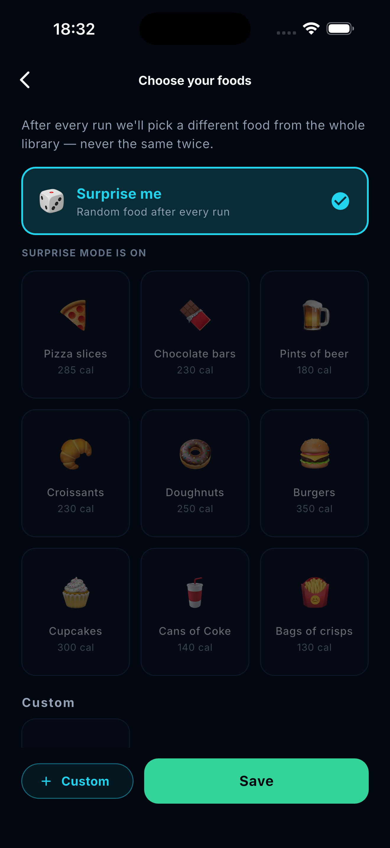 Surprise mode — Shooson picks a random food after each run