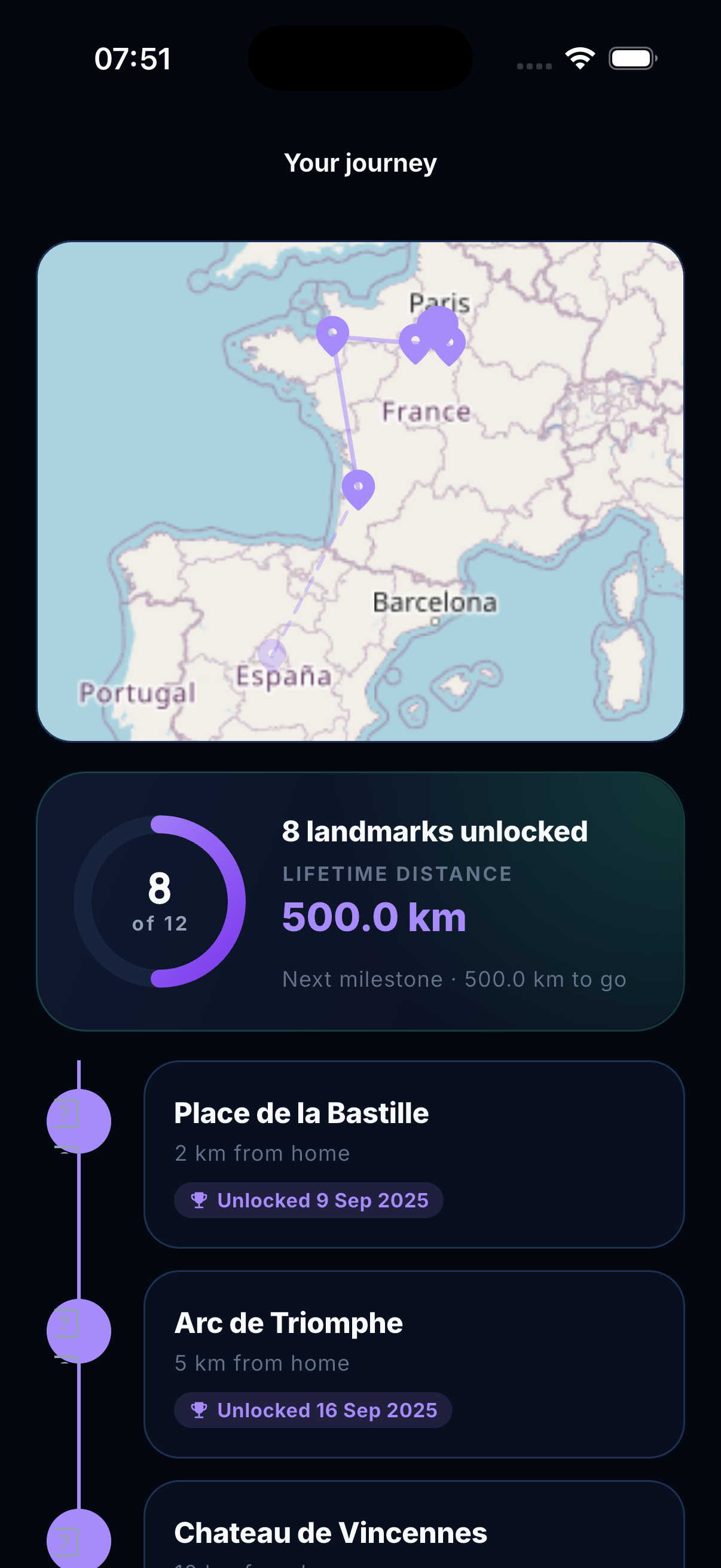ShoosOn landmarks screen in the iPhone Simulator showing eight landmarks unlocked and 500 kilometres of lifetime distance from Paris