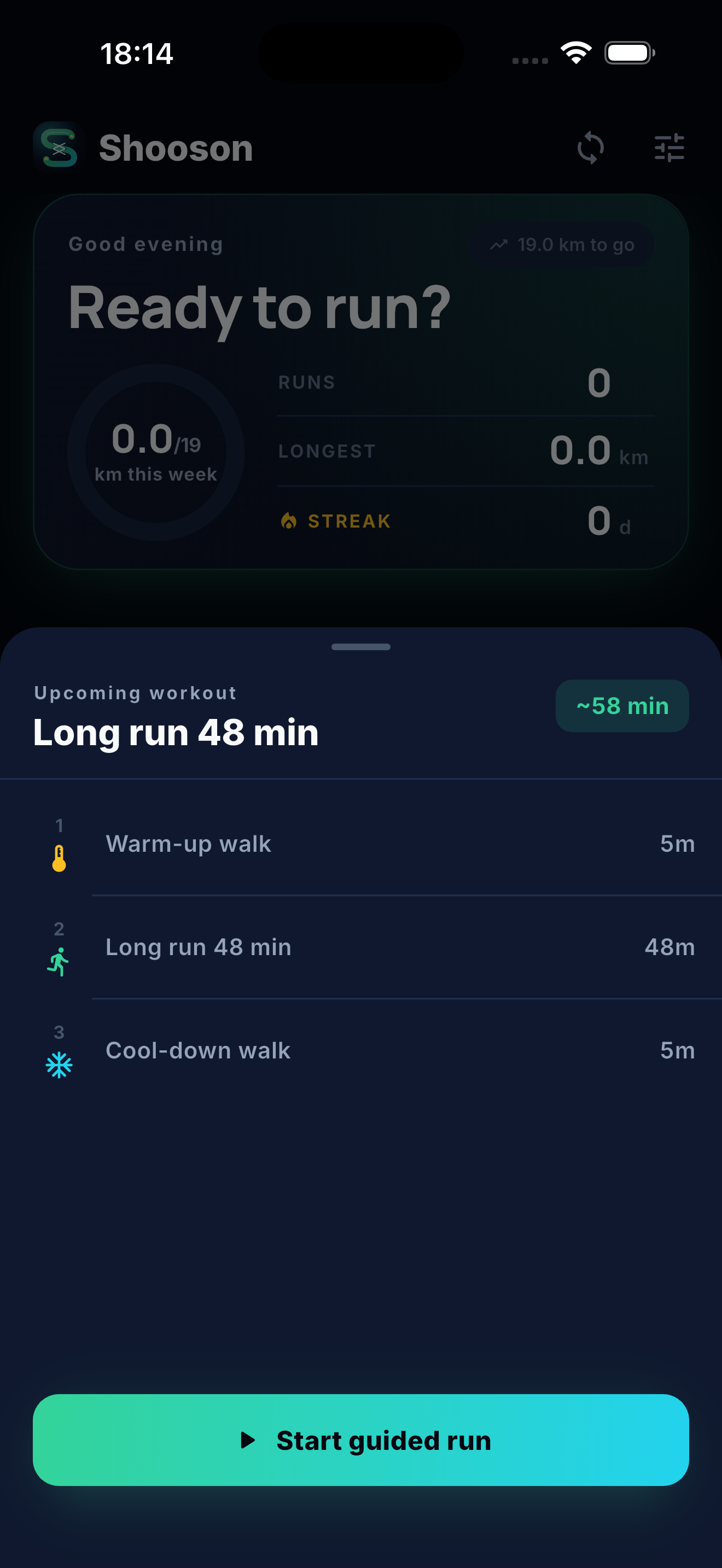ShoosOn phone app run preview for a planned training session with cues
