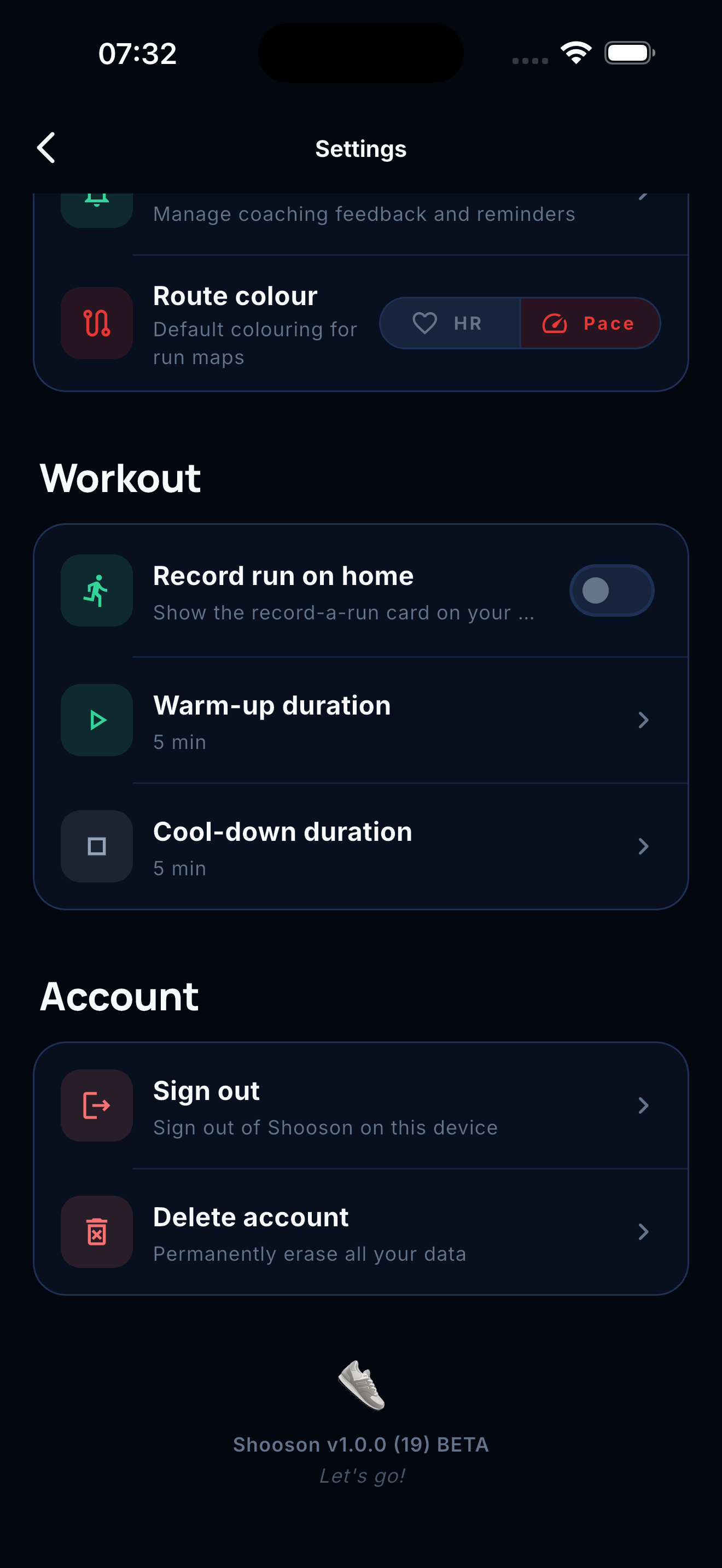 Shooson lower settings screen showing runner controls