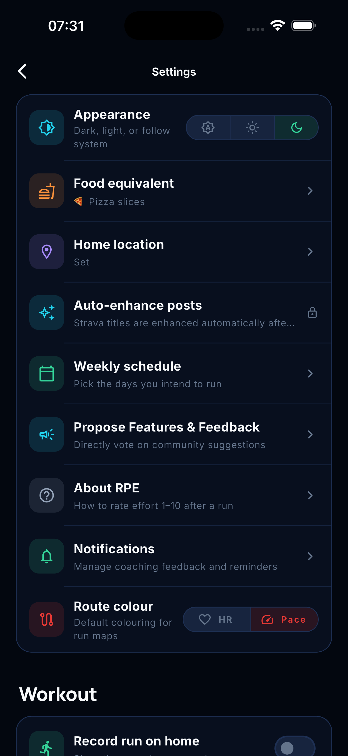 Shooson settings details in dark mode