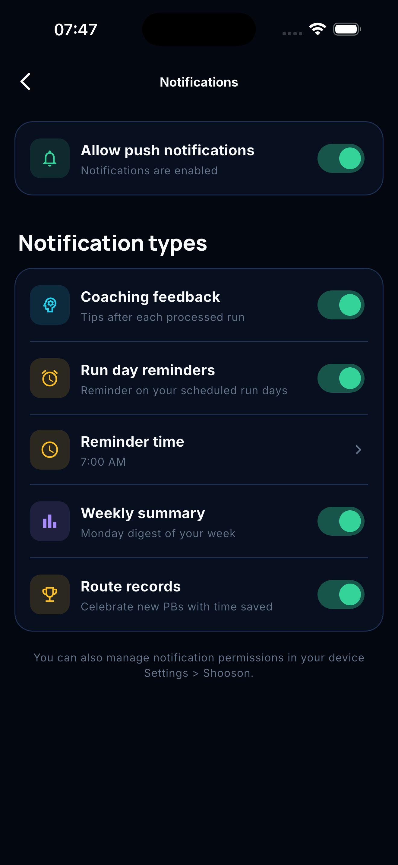 Shooson notification settings screen