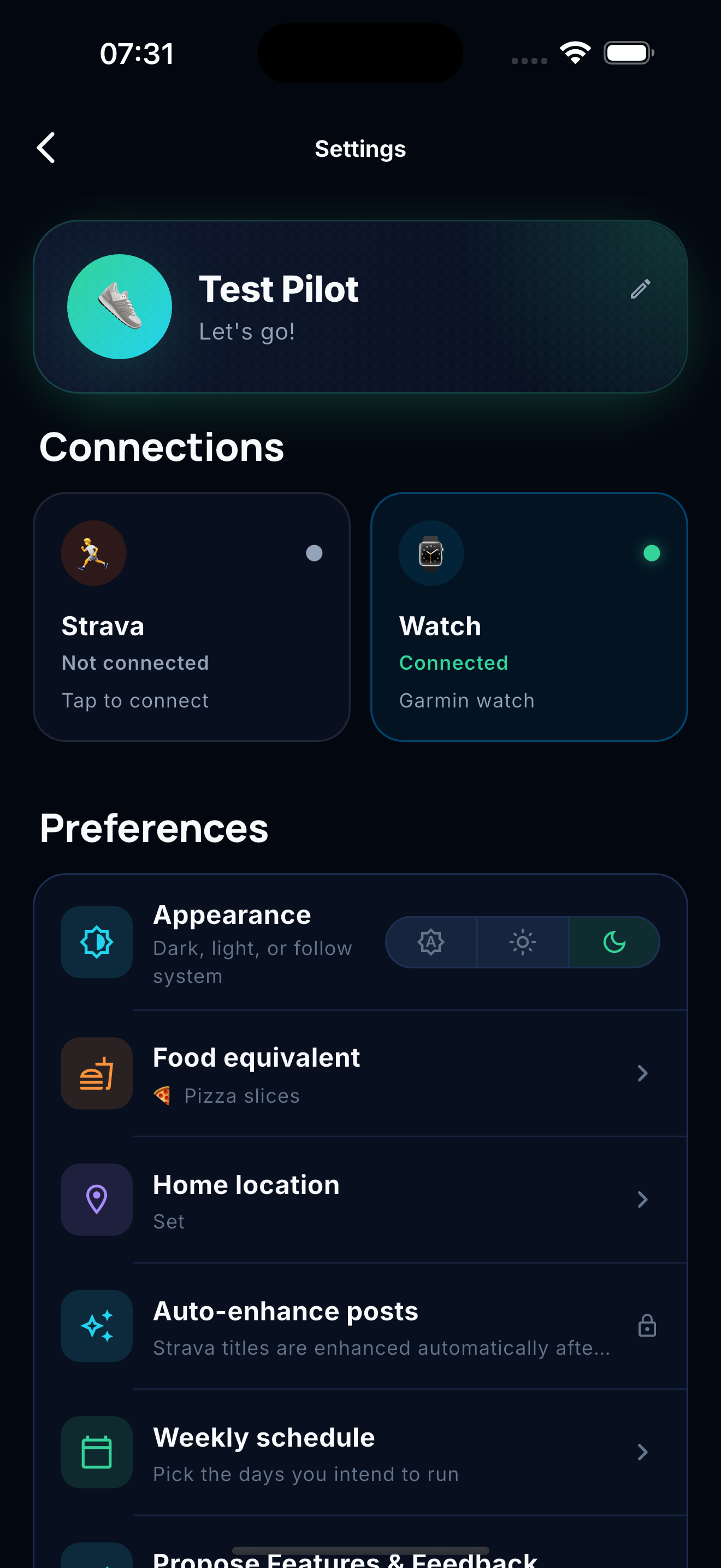 Shooson settings screen in dark mode