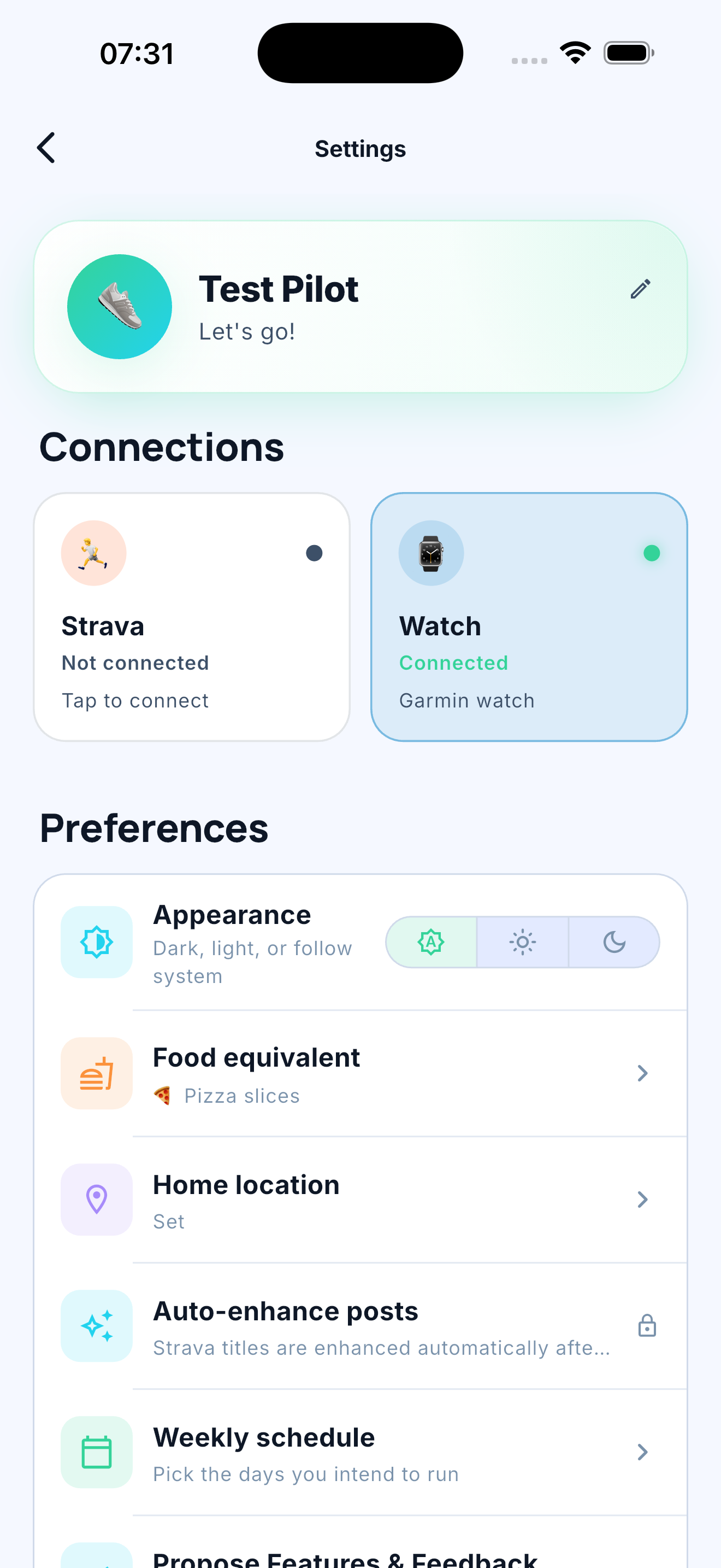 Shooson settings screen in light mode